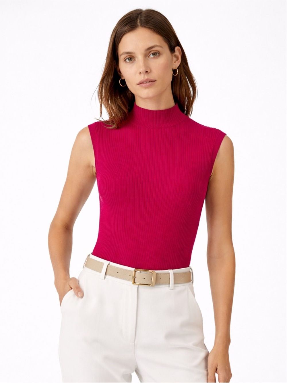 Lafayette 148 New York Sleeveless Mock Neck Ribbed Tank in fuchsia Pink size XL